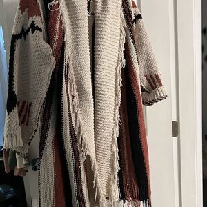 POL Chenille Tribal Print Longline Cardi with Fringe